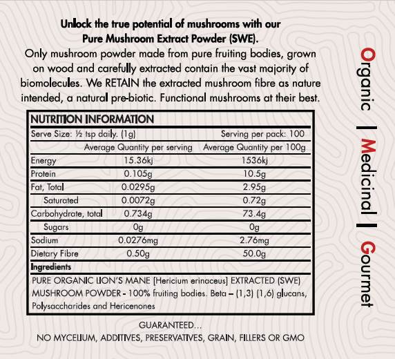 OMG Mushrooms LIONS MANE nutritional table